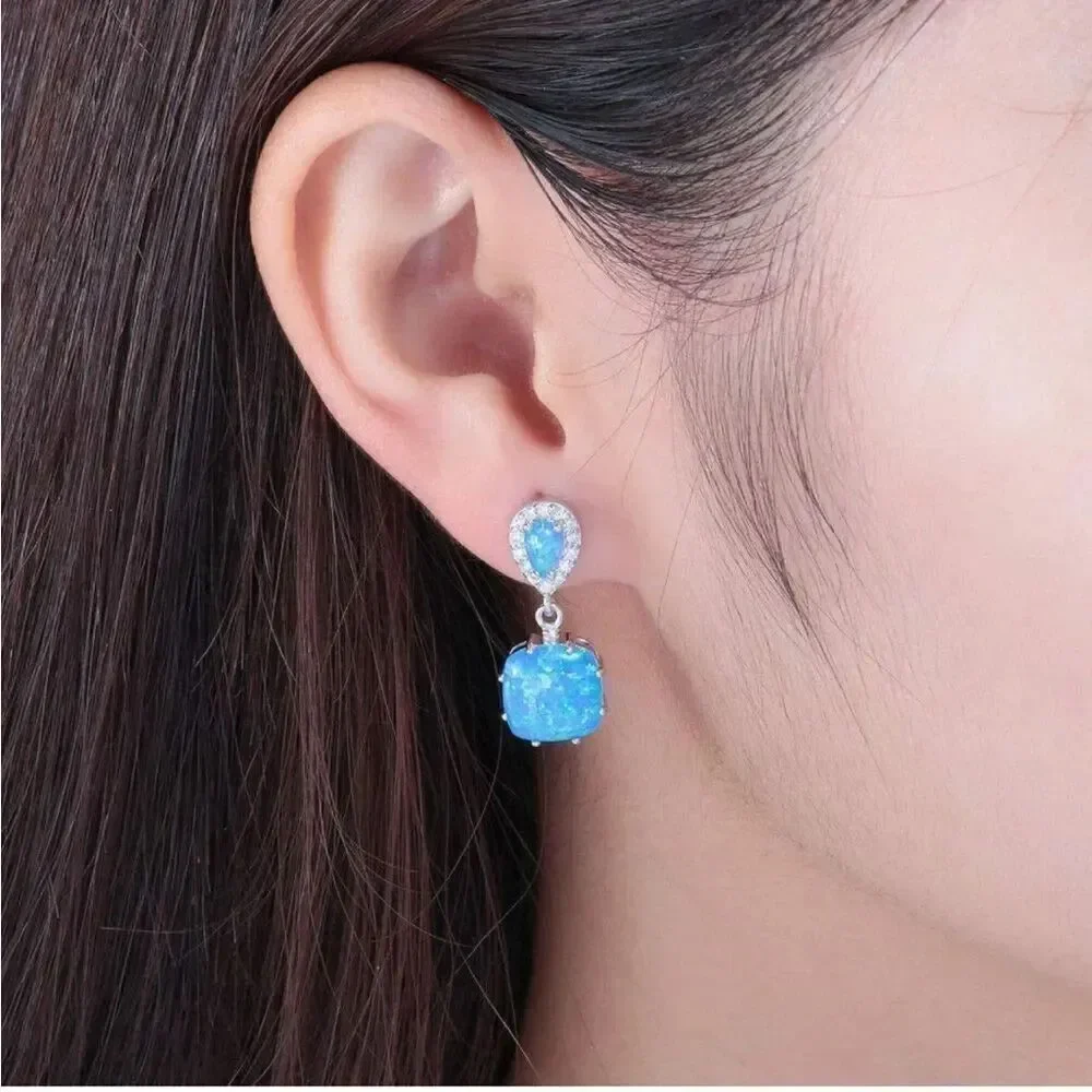 14K White Gold with Genuine Blue Fire Opal and Diamond CZ Post Back Earrings